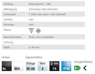 Frensch Lightning LED-Spot F2, 10-30V, 2 Watt, 75 lm, IP40