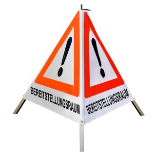 Warnpyramide/Faltsignal, 70 cm, weiss/tagesleuchtrot, Achtung "BEREITSTELLUNGSRAUM", leicht